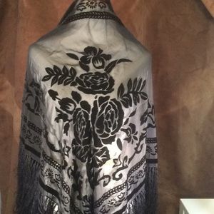 Sheer Black Velvet with Fringe Shaw